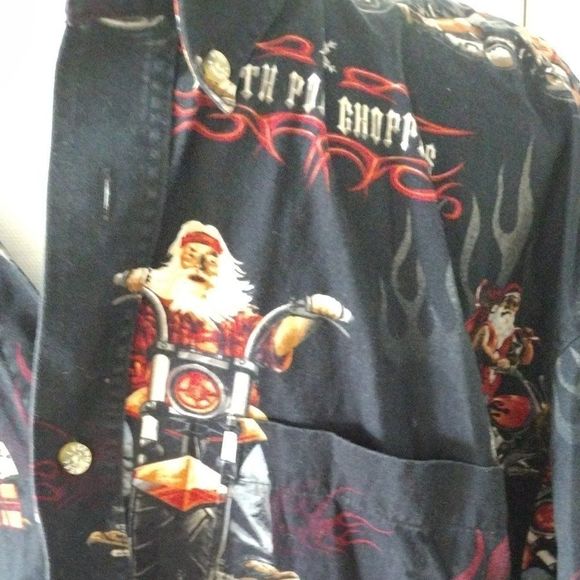 Reel Legends Santa Motorcycle North Pole Choppers button front shirt. Sz.‎ L - Picture 3 of 7
